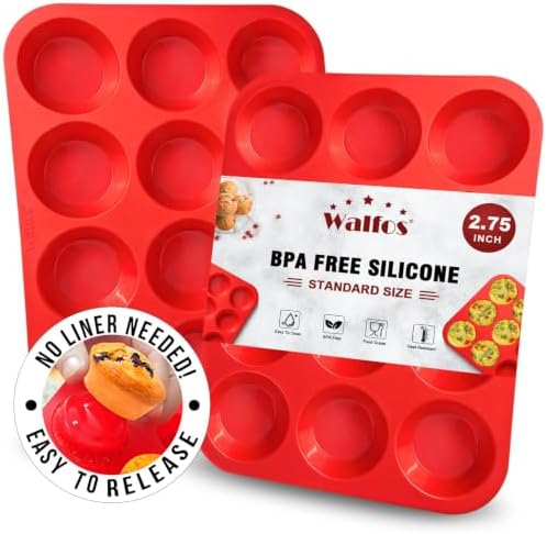 Walfos Muffin Pan Set - 12 Cups Regular Silicone Cupcake Pan, Non-stick and BPA Free, Great for Making Muffin Cakes, Tart, Fat Bombs - Dishwasher Safe, 2-Piece