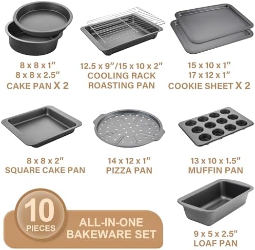 HONGBAKE Bakeware Sets, Baking Pans Set, Nonstick Oven Pan for Kitchen with Wider Grips, 10 Pieces Including Rack, Cookie Sheet, Cake Pans, Loaf Pan, Muffin Pan, Pizza Pan - Grey (Pack of 2)