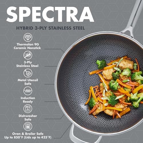 GreenPan Spectra 12" Wok Pan with Lid, Hybrid Tri-Ply Stainless Steel, PFAS-Free Ceramic Nonstick Textured Cooking Surface, Induction Cookware, Dishwasher Safe, Oven & Broiler Temp to 850˚F