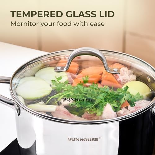 Sunhouse 6 QT Stainless Steel Stock Pot with Lid - Large Pot for Cooking