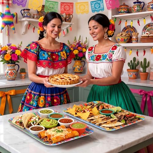 Vesici 4 Pack Mexican Melamine Serving Trays, 13 x 10 in Rectangular Decorative Platters, Colorful Aztec Boho Pattern Snack & Appetizer Plates for Taco Bar, Patio, Parties, Home Decoration