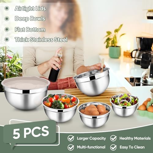 TeamFar Mixing Bowls Set of 5, Stainless Steel Metal Salad Bowls with Lids