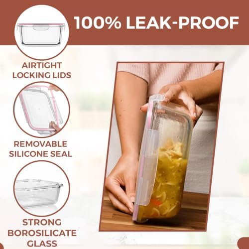 Razab 6.5 Cups / 52 Oz 4 Piece (2 Containers + 2 Lids) Glass Food Storage Containers Set with Airtight Locking Lids - For Storing, Baking & Serving BPA Free, Leakproof - Microwave, Freezer & Oven Safe