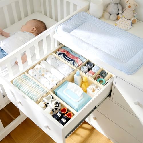 DIMJ Drawer Organizer Clothes, 30 Pack Dresser Organizer, Foldable Closet Organizers and Storage, Fabric Dresser Bins, Drawer Dividers for Nursery, Baby Clothes, Underwears, Sock,Beige