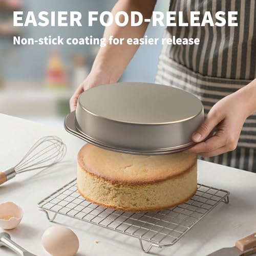 8 Inch Cake Pans, 3PCS Nonstick Round Baking Pans with 50PCS Parchment Papers, Durable Birthday Circle Cake Baking Pan with Handle for Multi-Layer Cakes, Dishwasher Safe (Gold, 8 inch)