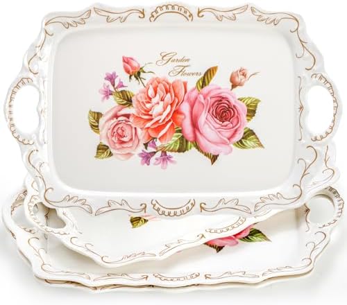 Nicunom 3 Pack Melamine Serving Tray with Handles, Floral Serving Trays Stackable Food Tray for Eating Unbreakable Large Serving Platter for Party, Decor, Home, Restaurant, Gift,16" L x 11" W