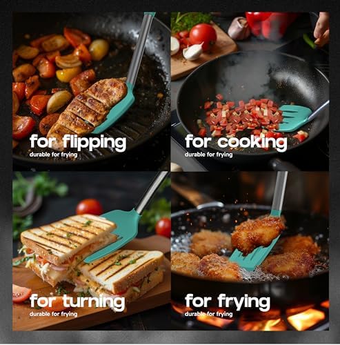 BakeRoyal Silicone Spatula Set - Turner Spatulas Silicone Heat Resistant 600°F - Slotted & Solid Spatula for Cooking Fish, Eggs, Pancakes Flipper – Spatulas for kitchen use – Turquoise