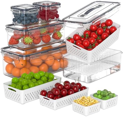 Anysig 5 Pack Fridge Fruit Storage Containers with Colander & Handle Lids