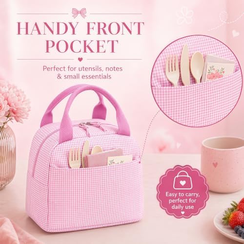 Bluboon Lunch Box for Women Cute Lunch Bag Reusable Insulated Lunch Bags Large Capacity Lunchbox Cooler for Work Picnic or Travel Gifts (Pink White checker, 10 x 7.5 x 8 inches)