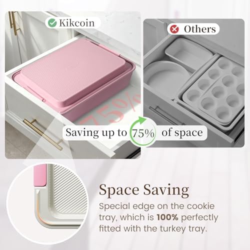 Kikcoin 25-Piece Nonstick Baking Pans Set with Large Turkey Roasting Pan, Stackable Bakeware Set, 450°F Oven Safe Baking Sheet Set with Silicone Handles, Carbon Steel Cookie Sheets for Baking, Pink