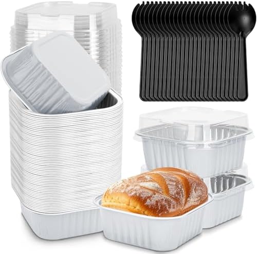 60 Pack 10oz Mini Disposable Cake Pans with Lids, Aluminum Foil Square Baking Cups, 4.4x4.4 Large Baking Cake Tins Cup Cake Containers with Lids for Thanksgiving Christmas Individual Cakes