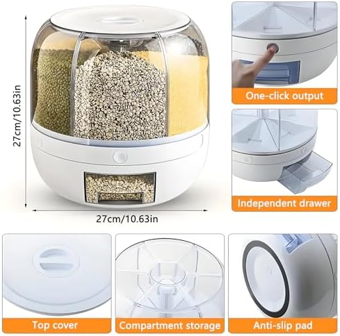 Rotating Grain Storage Bin 6 Grids Rice Container One-Click Output Large Capacity Food Dispenser For Rice Grains Sealed Moisture Proof Organizer (Grey) (Large)