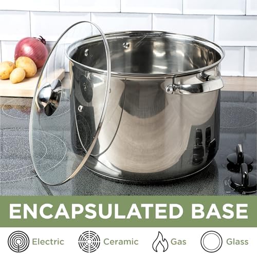 Ecolution Pure Intentions Stock Pot - Features Tempered Glass Lid, Stay-Cool Handles, and Encapsulated Bottom - Oven Safe - Curbside Recyclable Stainless Steel - 12 Quarts