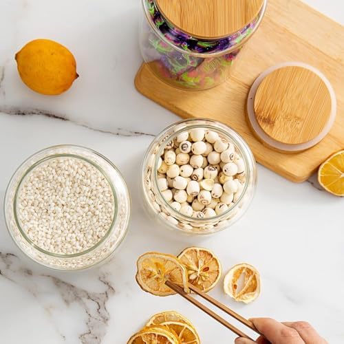 3 Pack 900 ml / 30 oz clear cute glass storage canister holder with airtight bamboo lid, modern decorative small container jar for coffee, spice, candy, salt, cookie, condiment, pepper, sugar
