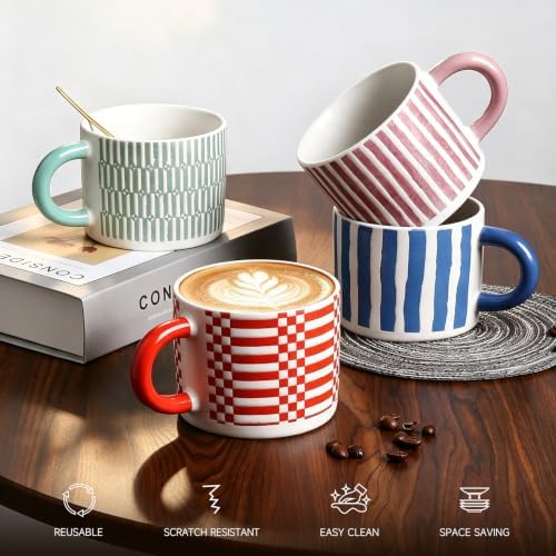 Stoneware Coffee Mugs Set of 4, 14oz Hand-Painted Coffee Cups with Handle