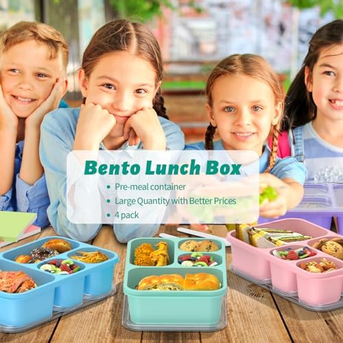 Bento Lunch Box - 4 Pack, 4-Compartment Meal Prep Containers, Adult Lunch Box, Microwave & Dishwasher Safe (Dark-PP(B/P/G/P))