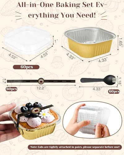 YQER 60 Pack 10oz Mini Cake Pans with Lids, Spoons, Stickers - Disposable Square Brownie Baking Cups - Individual Small Aluminum Foil Loaf Tins for Muffin, Ramekins, Cupcake - Catering, Gift, Gold