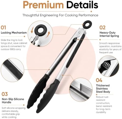 Kitchen Tongs for Cooking, 3 Tongs 7", 9", 12" + Oil Brush, Heat Resistant 600°F, Non-Slip Silicone Tips, Heavy Duty Metal Locking Tongs, Black, Salad, BBQ Grill, Pasta Silicone Tongs, Dishwasher Safe