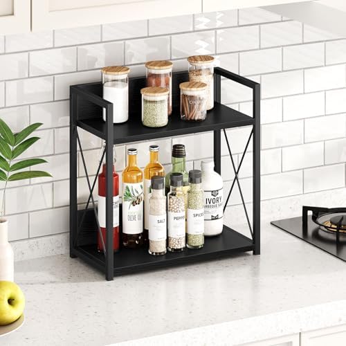 Giikin Kitchen Countertop Organizer, 2 Tier Coffee Bar Organizer, Black Spice Rack for Counter, Kitchen Counter Shelves, Particleboard,15.8" L x 7.9" W x 15.8" H (Black, L)