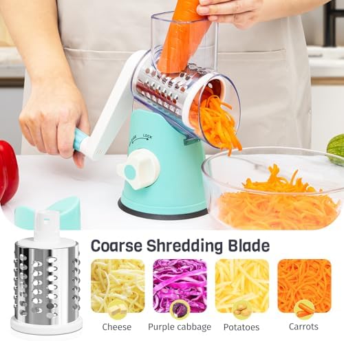 Cheese Grater Hand Crank, Rotary Cheese Shredder with 3 Interchangeable Blades for Coarse, Fine Shredding and Slicing, Strong Suction Base for Pizza, Pasta, Salad, Vegetables, Nuts, Chocolate