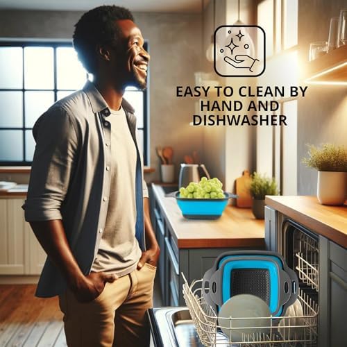 Square Collapsible Colander with Handles – Blue Square Silicone Kitchen Strainers with Plastic Handles Foldable Kitchen Strainer Perfect for Draining Pasta Vegetable and Fruit Blue