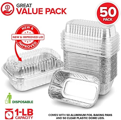 Stock Your Home Disposable Aluminum Mini Loaf Pans with Lids, 1 lb (50 Pack) New & Improved Plastic Dome Lid Foil Baking Tins, Tin Pans for Cake, Bread, Holiday Baked Goods Packaging
