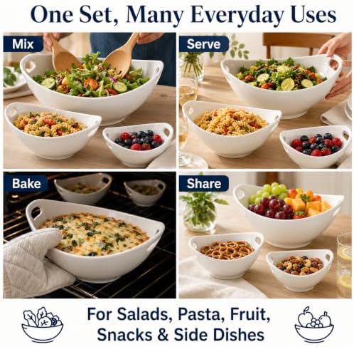 Ceramic Serving Bowls with Handles, Large Salad Bowl Set for Entertaining, Mixing, Serving Dishes for Parties, Kitchen, Housewarming & Everyday Use, Set of 3, 15/28/49 oz