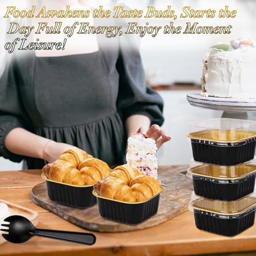 selizo 60 Pack 5oz Mini Disposable Cake Pans with Lids, Aluminum Foil Square Baking Cups, 3.5x3.5 Small Baking Cake Tins Cup Cake Containers with Lids for Individual Cakes, Black