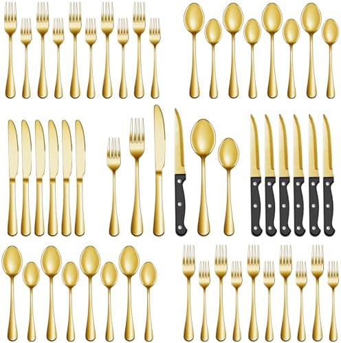 24 Pcs Gold Silverware Set with Steak Knives, Stainless Steel Flatware Cutlery Set for 4, Kitchen Tableware Sets, Utensil Sets for Home and Restaurant, Dishwasher Safe