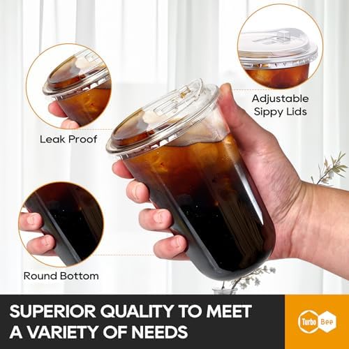 Turbo Bee 16oz Plastic Cups with Lids, 100 Pack, Iced Coffee Cups with Lids