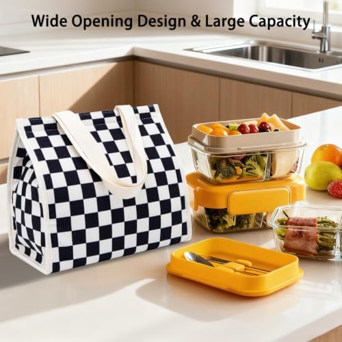 Insulated Lunch Bag for Work, 10.2"x5.9"x10.2" Oxford Waterproof Lunch Tote, Thermal Lunch Box for Office, Picnic & Outdoor, Striped Canvas Tote Bag -Check Black