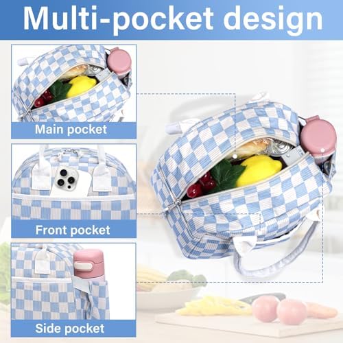 Carry bloom Lunch Box for Women, Insulated Lunch Bag Cute Corduroy Lunchbag Reusable Lunchbox for Work (checkered blue white)