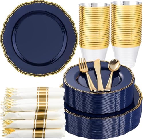 Hioasis 175 Pcs Blue Gold Plastic Plates Wedding & Party