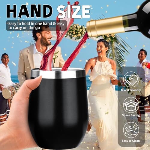12oz/4 Pack Stainless Steel Wine Tumbler with Lid and Straw, Double Wall Vacuum Insulated Wine Tumbler Glasses, Stemless Travel Mugs for Hot and Cold Drinks, Coffee, Wine, Cocktails
