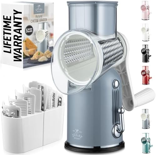 Rotary Cheese Grater Manual Hand Crank 5 Blade Shredder, Classic Gray