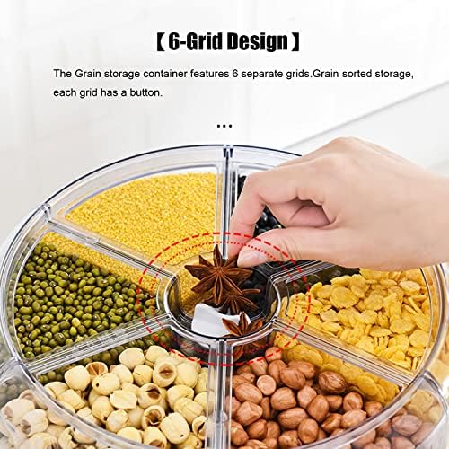 XIYAO 20Lbs Grain dispenser 360°Rotating Rice Dispenser 6 Grids Transparent Rotatable Cereal Storage Container with Sealed lid for Dry Food Beans Peanut Barley Millet Seeds