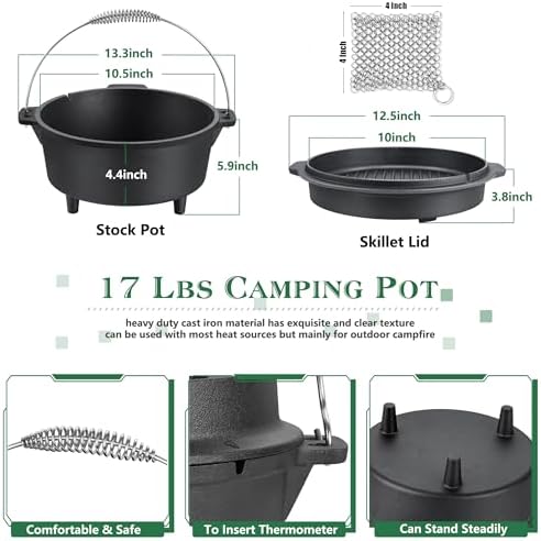 HaSteeL 5QT Cast Iron Dutch Oven Camping Pot with Stainless Steel Scrubber