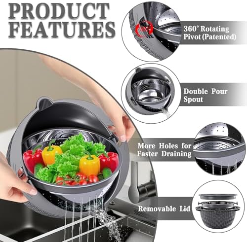 4-1 Colander with Lid Set - Rotatable Strainer With Bowl(Patented), Pasta Strainer with New Upgraded Graters, Strainer And Colanders, Fruit Cleaner, Veggie Wash, Apartment Kitchen Gadgets - Grey
