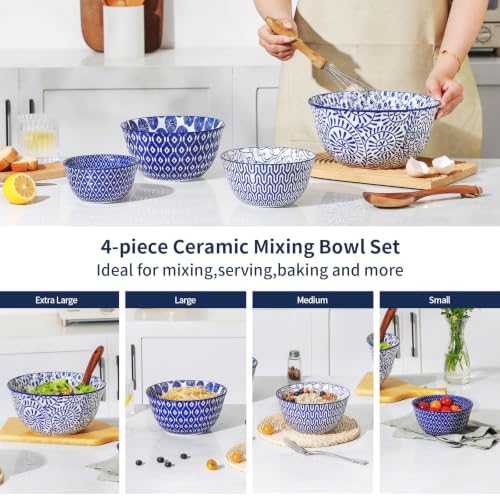 Selamica Ceramic Mixing Bowls Set of 4, 20/36/60/123 oz, Vintage Blue
