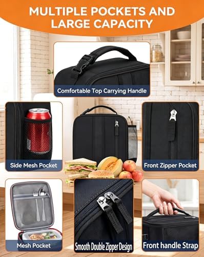 Lunch Box Insulated Lunch bag for Men Teen Kids Boys Adult Portable Stylish Small Lunchbox Special Design for Working Office school Picnic (Black 6L(Without Shoulder Straps))