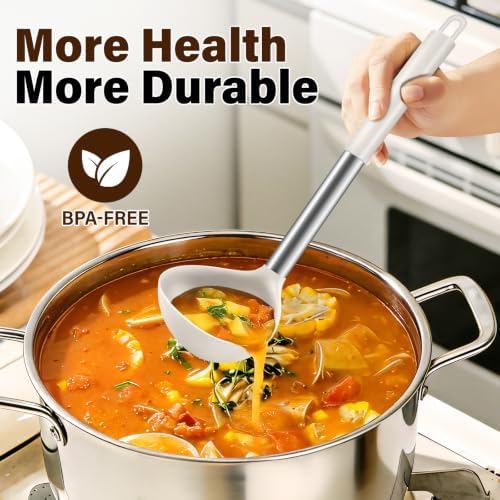 3Pcs Silicone Cooking Spoon Set, Kitchen Utensils Include Solid & Slotted Spoon, Soup Ladle, Food-Grade Heat Resistant 446°F, Non-Scratch Spoons for Serving, Stirring, Draining, Dishwasher Safe, Beige