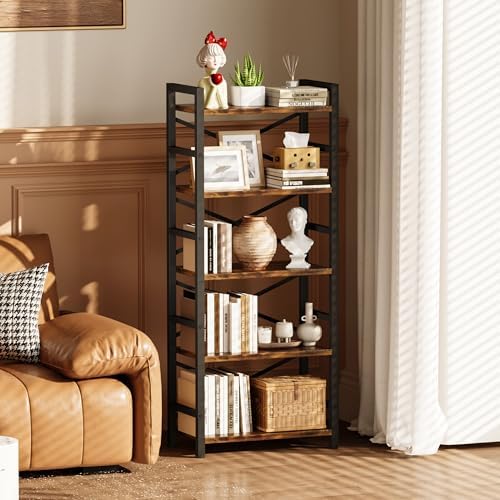 Organization and Storage, 5 Tier Bookshelf, Tall Bookcase with Shelves, Wood and Metal Book Shelf Storage Organizer, Industrial Display Standing Shelf Unit for Bedroom, Living Room, Rustic Brown