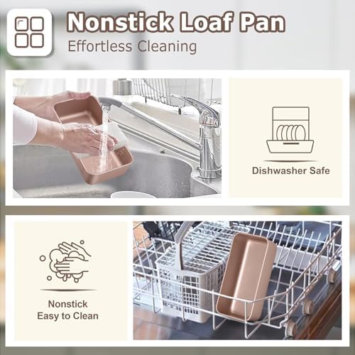 LIANYU Loaf Pans for Bread Baking, 9×5 Inch Stainless Steel Loaf Bread Tins, Non-Stick Baking Pans for Homemade Banana Sandwich Sourdough, Healthy & Sturdy, Set of 2, Rose Gold