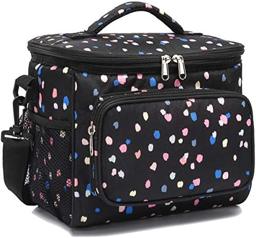 FlowFly Insulated Reusable Lunch Bag Adult Large Lunch Box for Women and Men with Adjustable Shoulder Strap,Front Zipper Pocket and Dual Large Mesh Side Pockets,BlackFlower