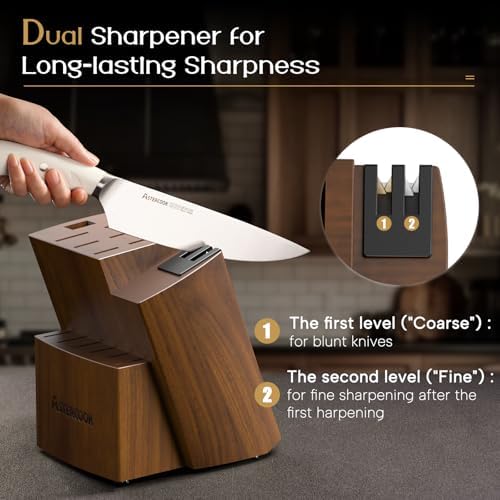 Astercook Knife Set Kitchen with Block and Dual Sharpener Full Tang 15 Pcs German Stainless Steel Knives Dishwasher Safe Utensils Set with Ergonomic Handle, Elegant White