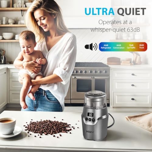 Digital Display Timer Electric Coffee Grinder, 150W Herb Grinder, Large Capacity Up to 12 Cups, Whisper Quiet, Safety Lock Feature, Removable Stainless Steel Cup for Spices, Herbs, Nuts (Silver)