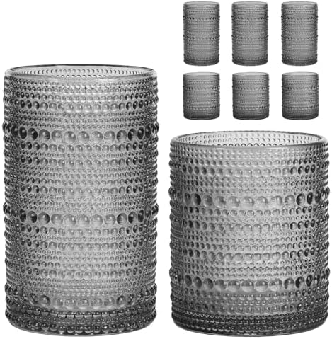 Moretoes Gray Hobnail Drinking Glasses Set of 6 Glass Cups