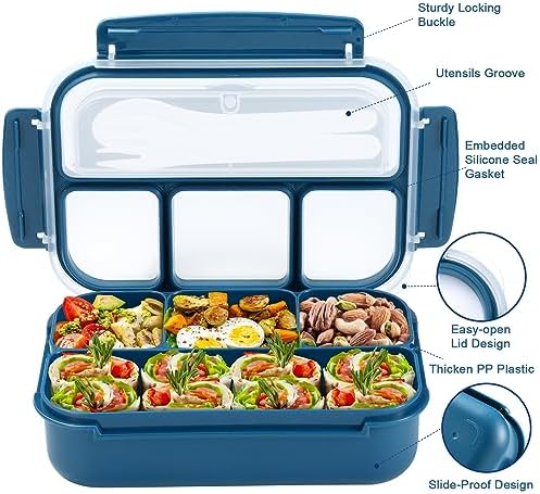 shell and turtle Bento Box Adult Lunch Box, Kids Lunch Containers for School with 4 Compartments, with Utensils, Sauce Jar, Muffin Liners, Microwave Safe, Navy