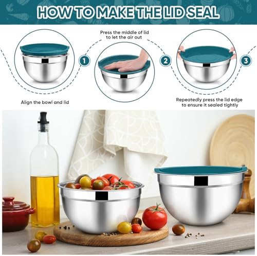 TeamFar Mixing Bowls Set of 5, Stainless Steel Metal Salad Bowls with Lids