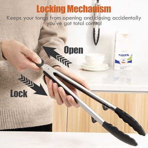 12" Kitchen Tongs for cooking with Silicone Tips, 3Pcs Serving Tongs, Black